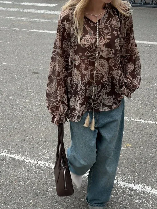 Coffee Brown Boho Women's Cashew Flower Print Shirt - Picture 1 of 8